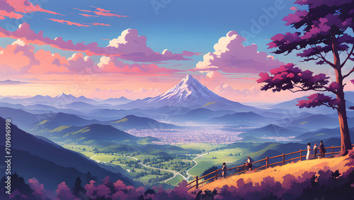 a beautiful landscape of mountain valley Scenery art background desktop wallpaper purple theme  nature landscape  © John