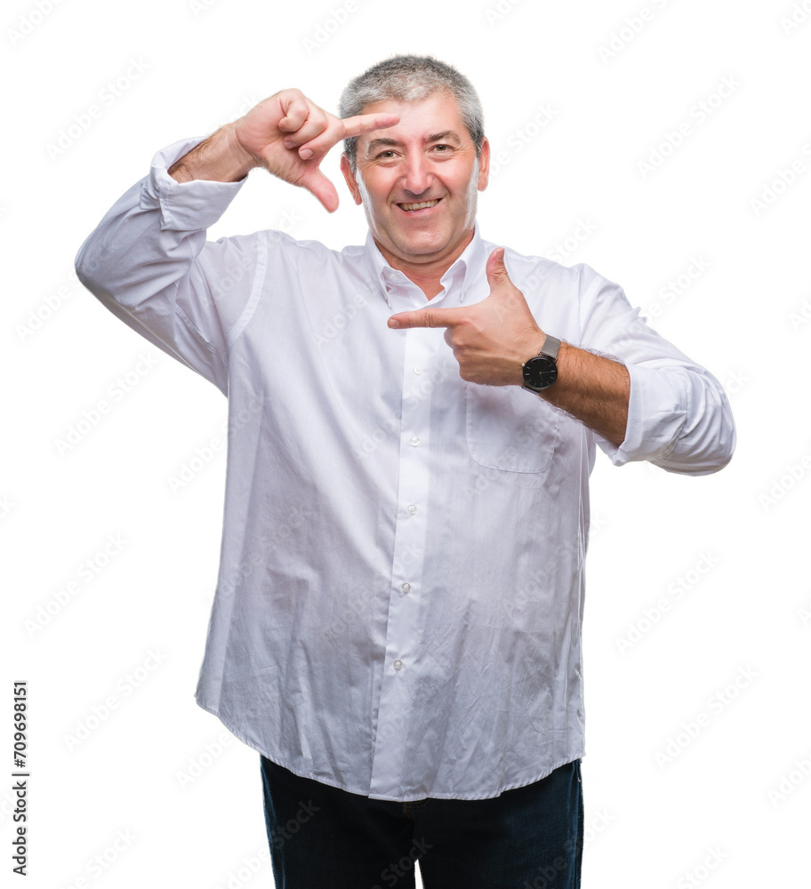 Handsome senior man over isolated background smiling making frame with hands and fingers with happy face. Creativity and photography concept. Handsome senior man over isolated background smiling making frame with hands and fingers with happy face. Creativity and photography concept.