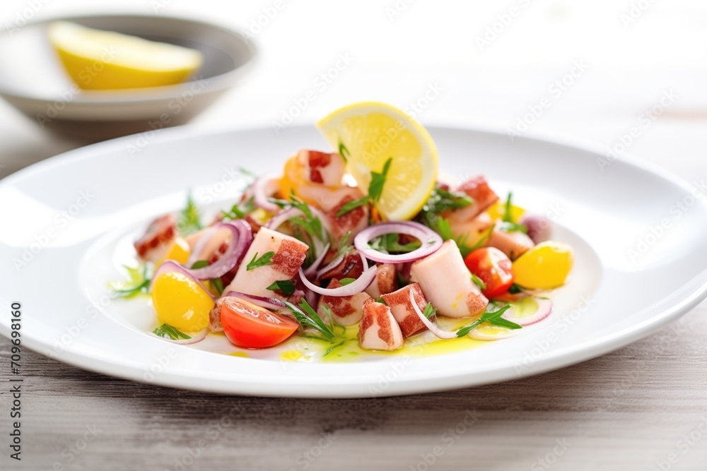 fresh octopus salad on a white plate with lemon wedges