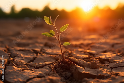 A close-up of a resilient plant in the harsh environment, representing the tenacity of nature during drought. Crack. Generated AI