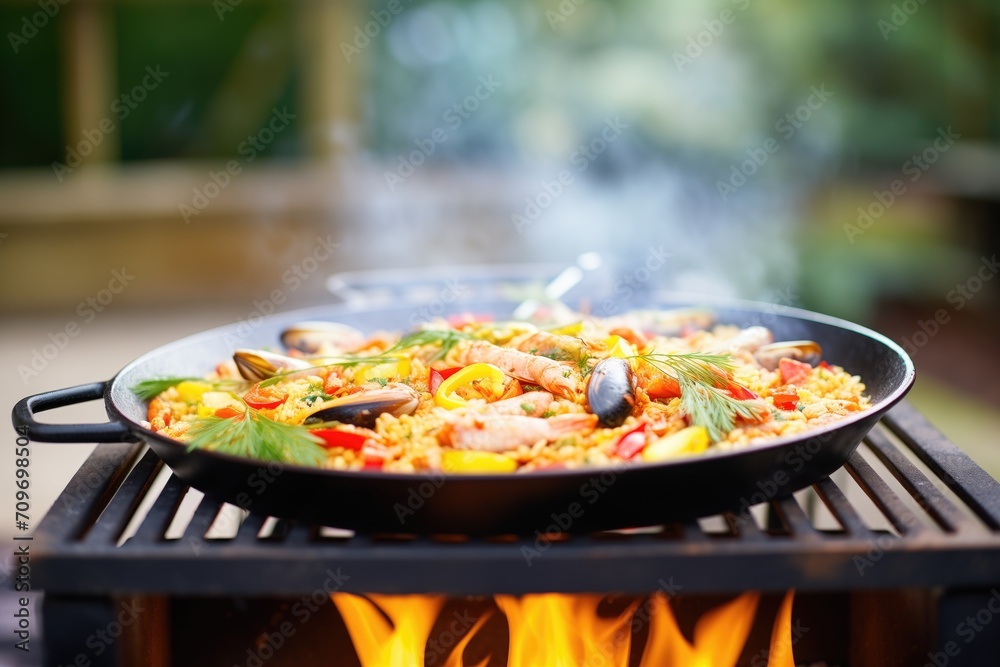 sizzling paella on outdoor grill with open flames