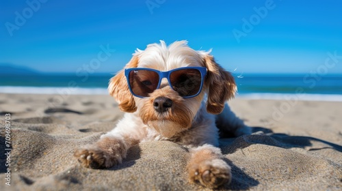 Cheerful Cocker Spaniel Dog Enjoying the Beach Sun in Sunglasses