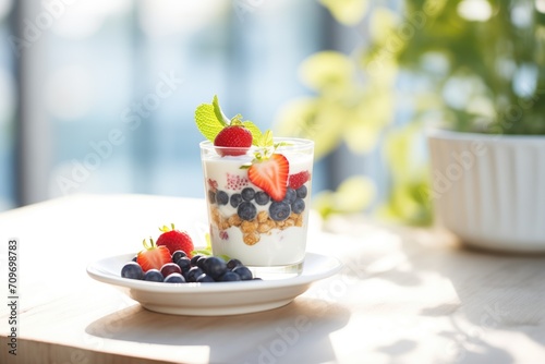 parfait with fresh berries in sunlight photo