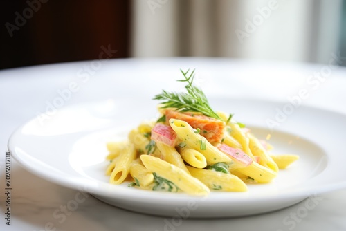 side view of penne pasta in a white plate with creamy sauce