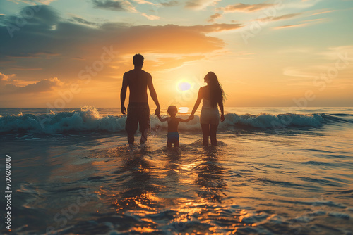 Back view of a silhouette of a family on vacation at sea, parents with a child standing in the water at sunset