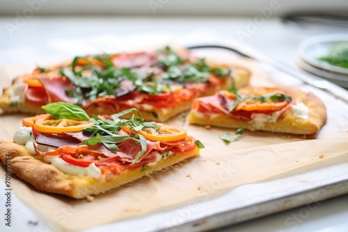 focaccia style thick pizza slice on parchment paper
