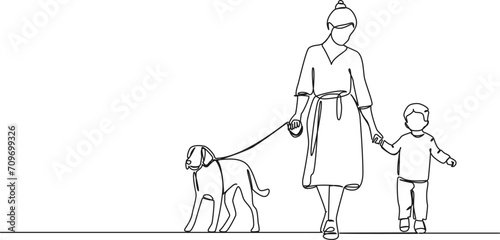 continuous single line drawing of woman going for a walk with dog and toddler, line art vector illustration