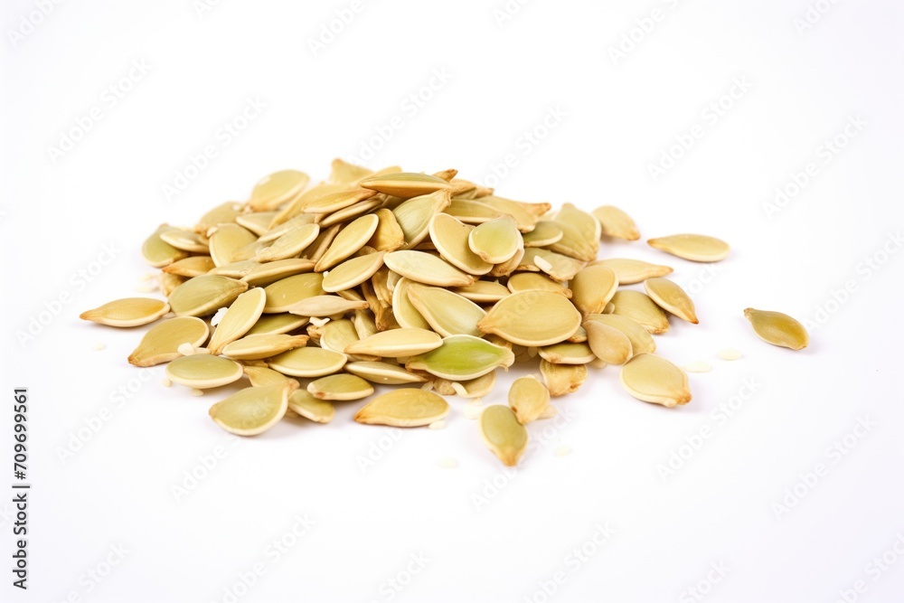 heap of raw pumpkin seeds on white background