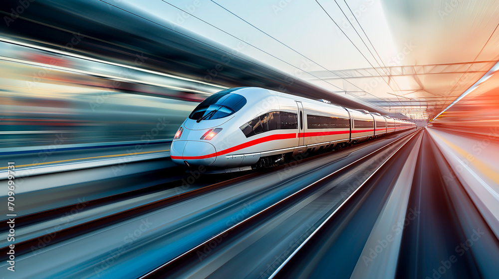 High-speed bullet train in motion, concept of modern rail travel. Motion blur. - obrazy, fototapety, plakaty 