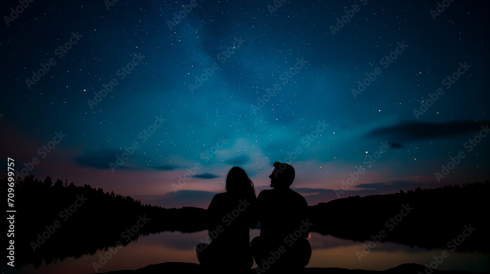 Fototapeta premium Couple silhouette against a starry summer night sky, romantic outdoor scene. 