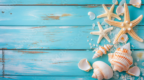 Starfish and seashells on turquoise wooden background, summer theme with copy space. photo
