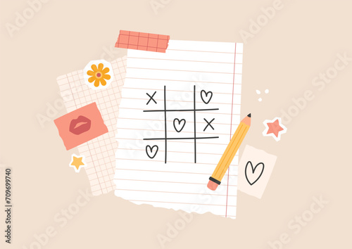 Message with love tic tac toe on torn sheet from copybook. Flat lay with stationery elements in collage style. Pencil, doodle hearts, kiss on paper, stickers, lined paper. Vector illustration.