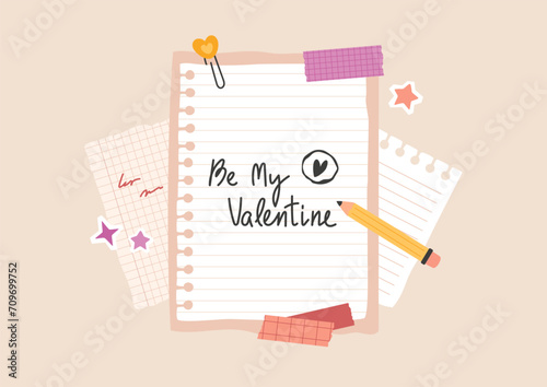 Be my Valentine handwritten words on torn sheet from notebook. Pencil, paper note flat lay, cut out stars and paperclip. Vintage vector illustration in collage style. Valentine's Day banner.