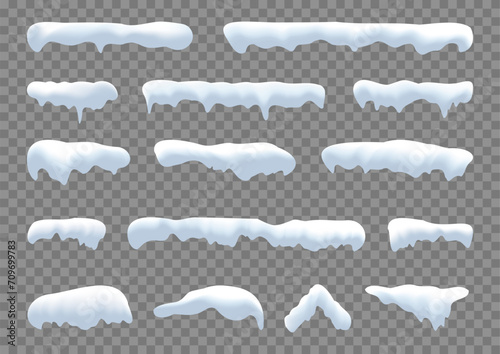 Realistic snow caps set. White snow caps, snowball, snowdrifts and snow piles. Snowy elements on winter background. Winter elements decorations. Christmas elements. Vector illustration.