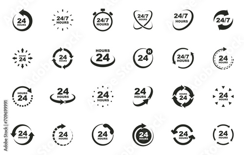 24 7 service icon set. 24-7 open, concept with call icon. Support 24 hours a day and 7 days a week. Support service. Vector Illustration.