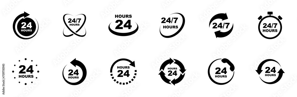 24 7 service icon set. 24-7 open, concept with call icon. Support 24 hours a day and 7 days a week. Support service. Vector Illustration. 24 7 service icon set. 24-7 open, concept with call icon. Support 24 hours a day and 7 days a week. Support service. Vector Illustration.