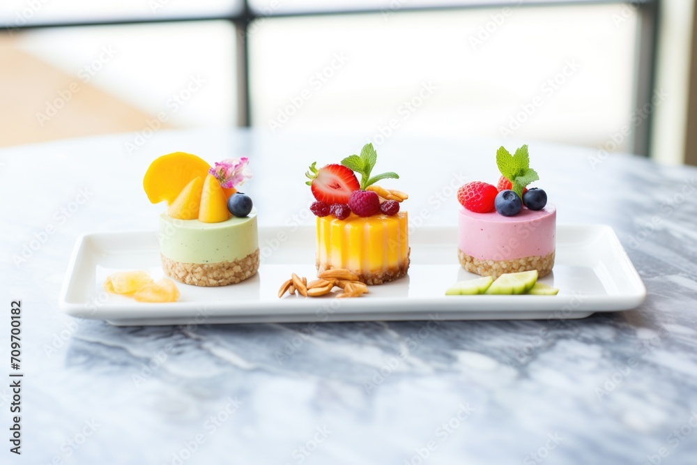 sliced raw vegan cheesecake trio with distinct fruit toppings sliced raw vegan cheesecake trio with distinct fruit toppings