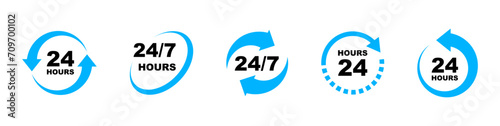 24 7 service icon set. 24-7 open, concept with call icon. Support 24 hours a day and 7 days a week. Support service. Vector Illustration.