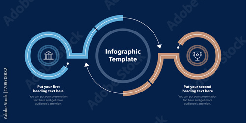 Simple diagram with two stages with icons and a place for your text - dark version. Flat infographic design for website, marketing or promotion.