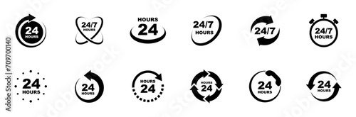 24 7 service icon set. 24-7 open, concept with call icon. Support 24 hours a day and 7 days a week. Support service. Vector Illustration. photo
