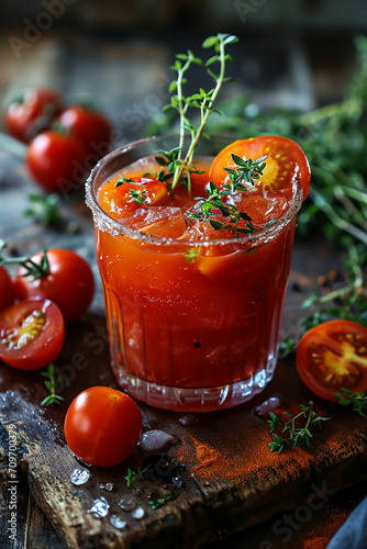 Tomato juice with herbs. AI generative.