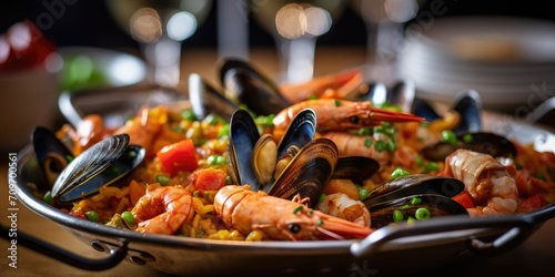 A traditional Spanish dish. Seafood paella with rice  mussels  shrimp. Menu  the recipe.