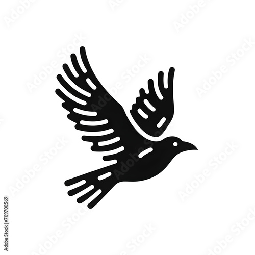 Vintage flying raven silhouette in bold black and white minimal mono line vector icon, isolated on white background.