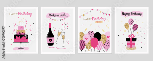 Bright birthday decorations big set. Happy Birthday cute cards collection in simple style. Cards with cake, balloons, gift, champagne.