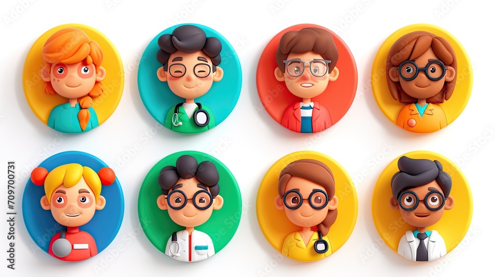 3d render, doctor avatar collection, set of round stickers with cartoon character.Generative AI 3d render, doctor avatar collection, set of round stickers with cartoon character.Generative AI