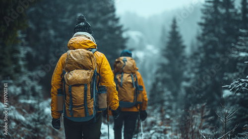 Winter time. Snowing. Due persons dressed in yellow jackets and rucksacks are hiking in the forest. Travel concept. Selective focus.
