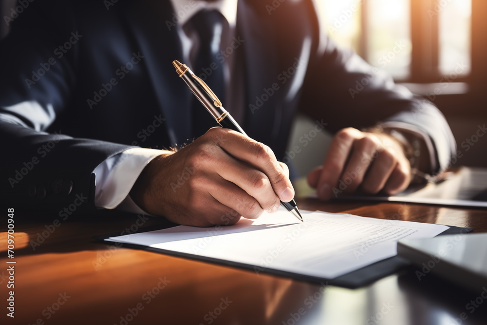 Man signing an official document. Close up businessman with pen in hands, ready signing paper,  executive manager, Generated AI - obrazy, fototapety, plakaty 