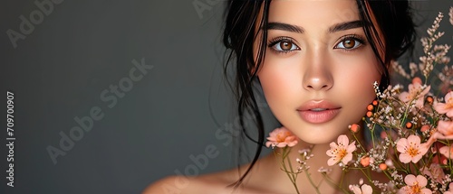 Beautiful woman with classic nude make-up, light hairstyle and flowers. Beauty face.Generative AI