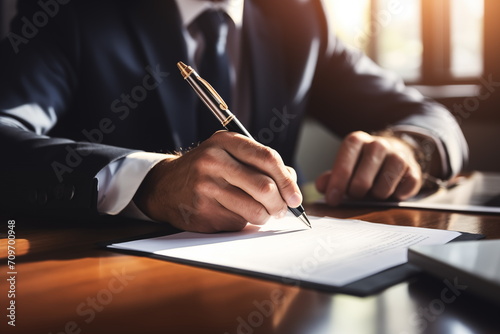 Man signing an official document. Close up businessman with pen in hands, ready signing paper,  executive manager, Generated AI photo