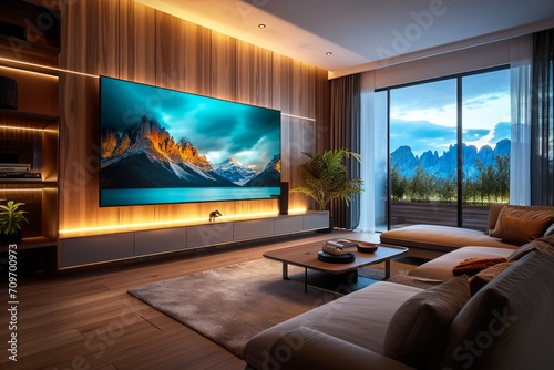 A modern living room at dusk  with warm lighting and a large TV displaying a mountain landscape scene.
