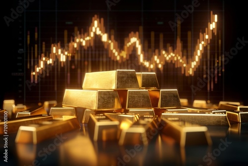 A conceptual image of golden bars with a financial graph in the background symbolizing economic growth or market performance.