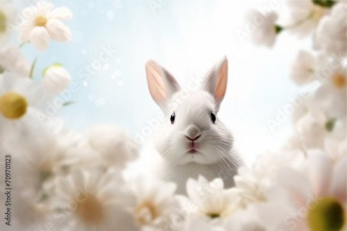 Lovely bunny easter fluffy baby white rabbit with daisy flowers nature background. Symbol of easter day festival. summer season. © SmartArtStudio