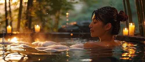 Portrait of a beautiful young woman relaxing in a hot tub at a spa resort. Generative AI
