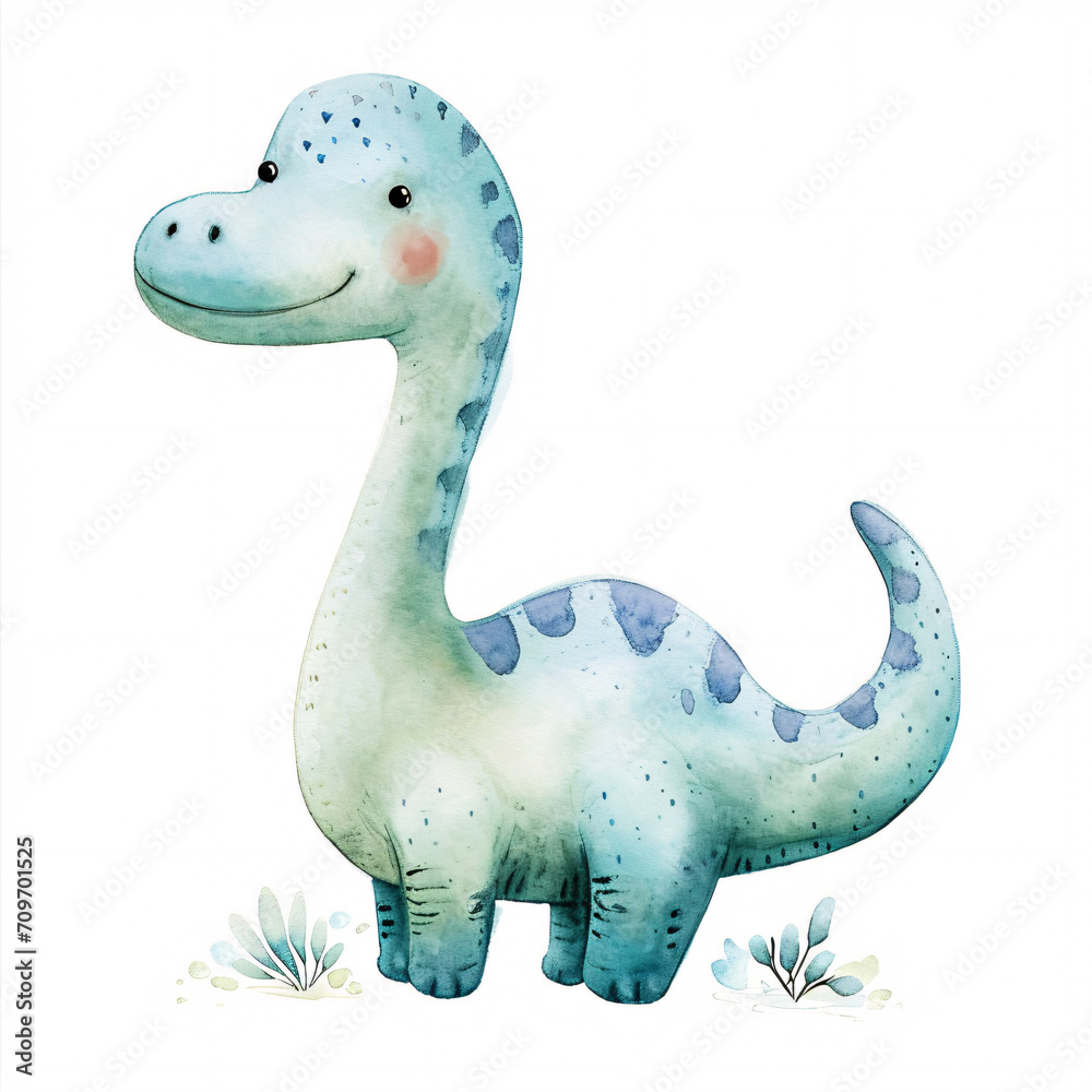 Diplodocus Dinosaur Cartoon Character Watercolor Handmade Style Illustration Clipart