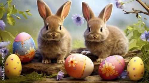 A cute Easter bunny in a meadow among blooming flowers and with colored eggs, a spring day during the Easter holidays.