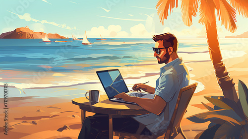 Young man working on his laptop on the beach at sunset. Freelance concept.