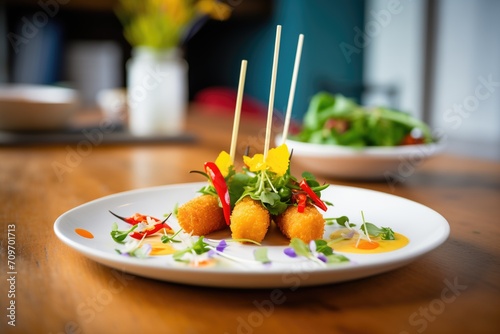 crisp croquettes served alongside roasted peppers photo