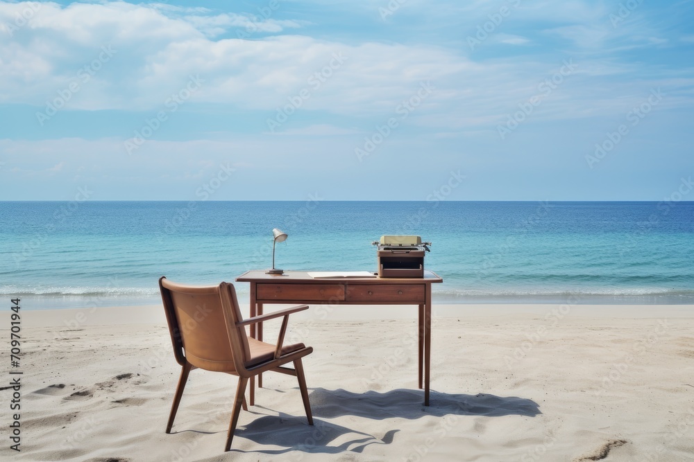 Flexibility and mobility. Remote working. Taking work with you on holiday. Office desk and chair on a deserted beach. Time to relax and not work.
