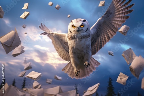 Owls bring mail from letters and drop them from the sky. A white owl delivers letters.