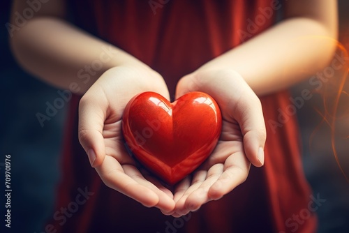 Red heart figure in girls hands. Feelings, sympathy. Giving gifts and attention. Sacrificing blood, giving life. Adoption of children.