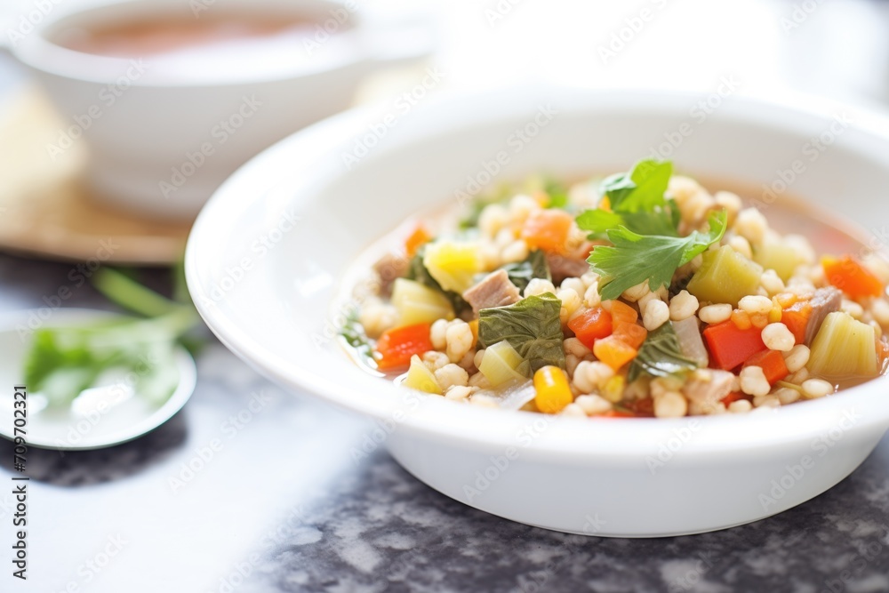 hearty vegetable barley soup in a white bowl