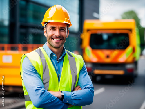 Portrait of smiling male engineer in helmet standing with arms crossed on construction site