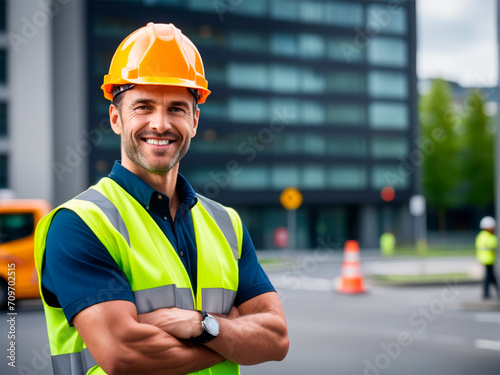 Portrait of a smiling construction worker standing with arms crossed and looking at camera photo