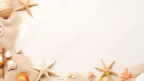 Banner with frame of sand, starsfishes and shells, greeting card with a sea, beach theme.Summer time concept.Flat lay with starfish and sea shells on blue background, top view with copy space for text