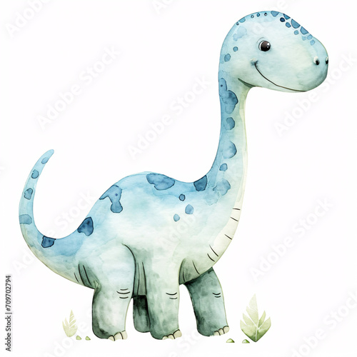 Diplodocus Dinosaur Cartoon Character Watercolor Handmade Style Illustration Clipart