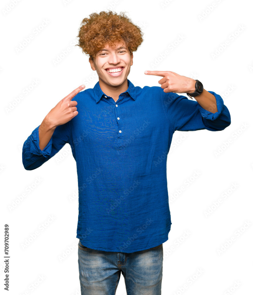Young handsome elegant man with afro hair smiling confident showing and pointing with fingers teeth and mouth. Health concept. Young handsome elegant man with afro hair smiling confident showing and pointing with fingers teeth and mouth. Health concept.